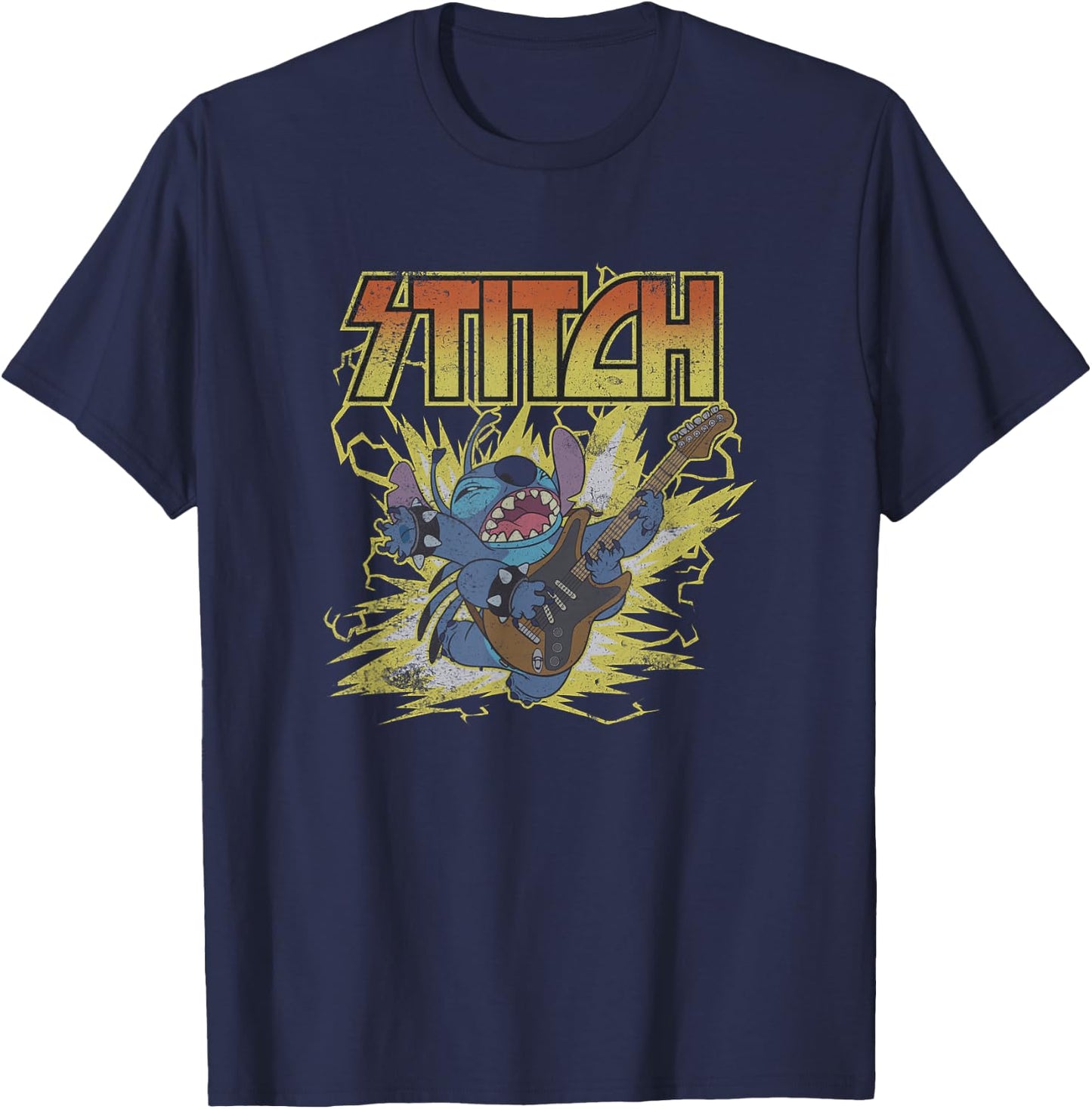 Disney Lilo & Stitch Hard Rocking Guitar Player Distressed T-Shirt - T-Shirt | Navy