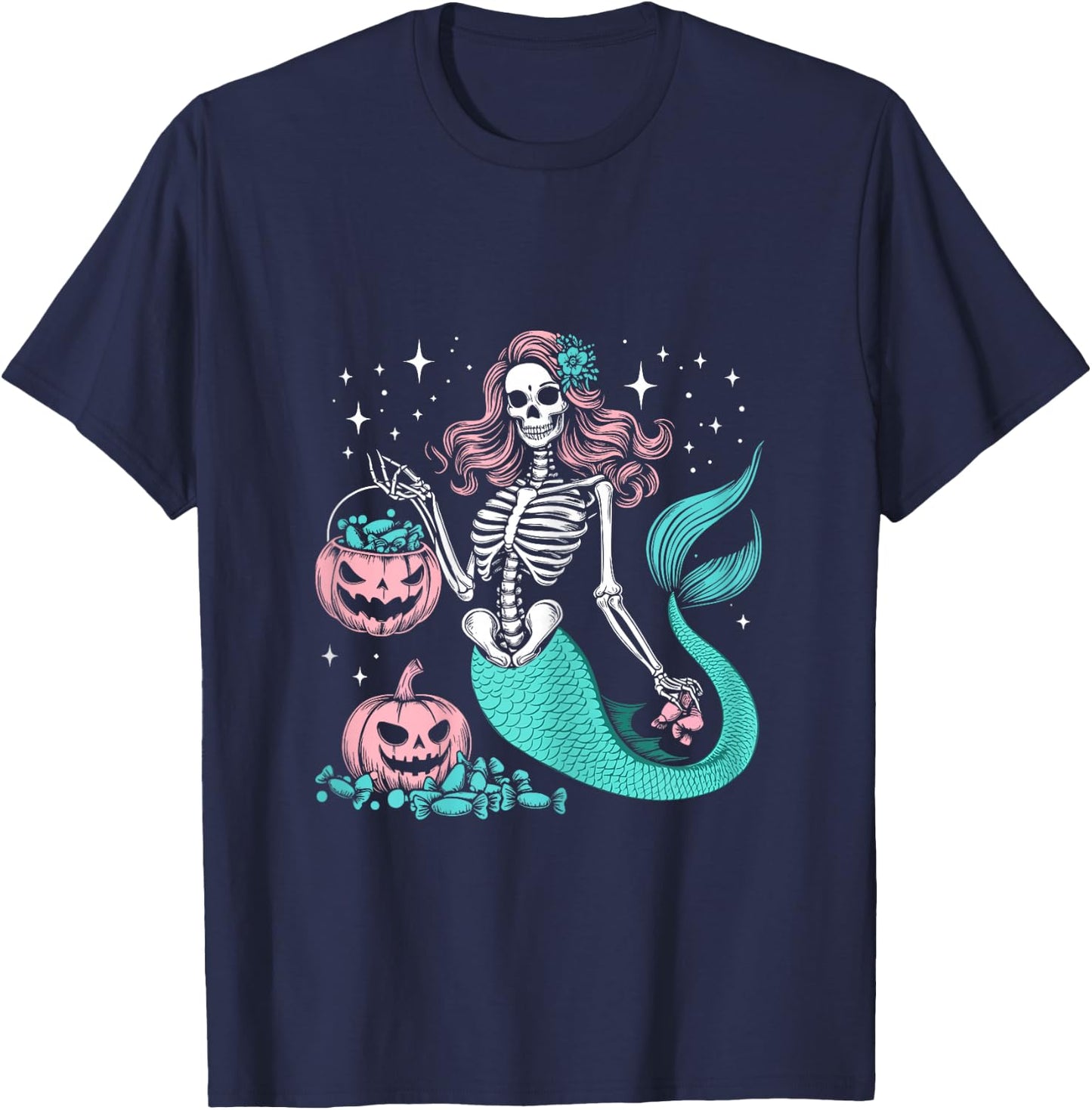 Halloween Mermaid Funny Skeleton T-Shirt - T-Shirt | Navy