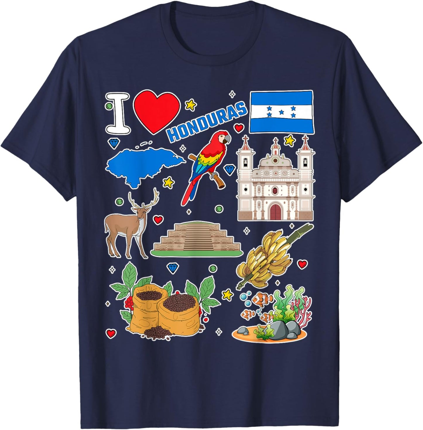 Honduran hand drawn symbols, Honduras map, cultural icons T-Shirt - T-Shirt | Navy