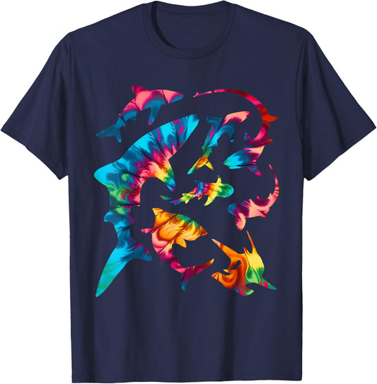 Whale Shark Hammerhead White Shark Types Tie Dye Sharks T-Shirt - T-Shirt | Navy