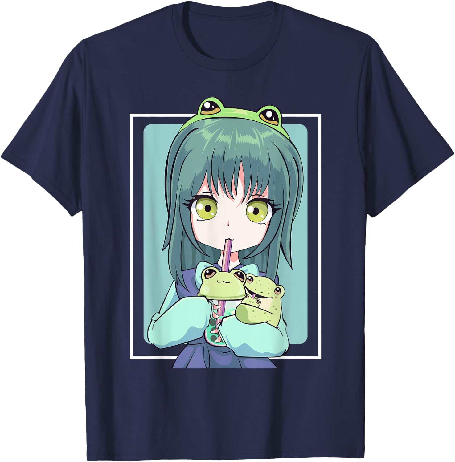 Anime Girl for Frog Lovers and Kawaii Boba Tea Frog Teens T-Shirt - T-Shirt | Navy