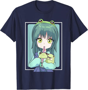 Anime Girl for Frog Lovers and Kawaii Boba Tea Frog Teens T-Shirt - T-Shirt | Navy