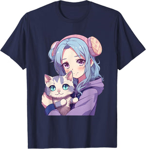 Japanese Kawaii Girl Anime & Cats for Teens Girls T-Shirt - T-Shirt | Navy