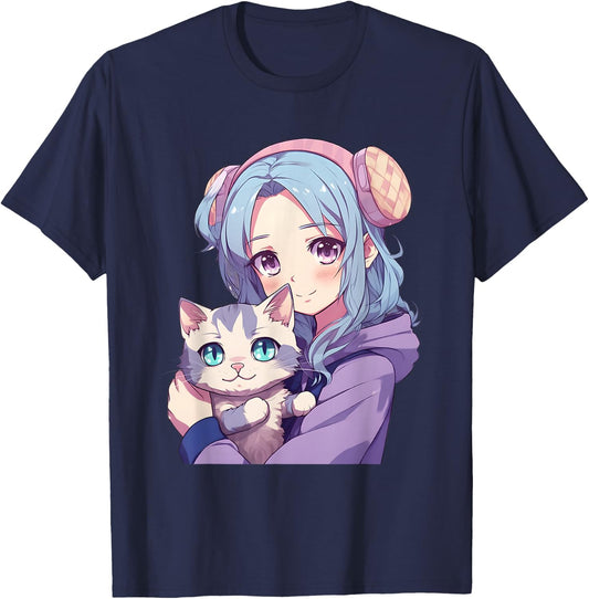 Japanese Kawaii Girl Anime & Cats for Teens Girls T-Shirt - T-Shirt | Navy
