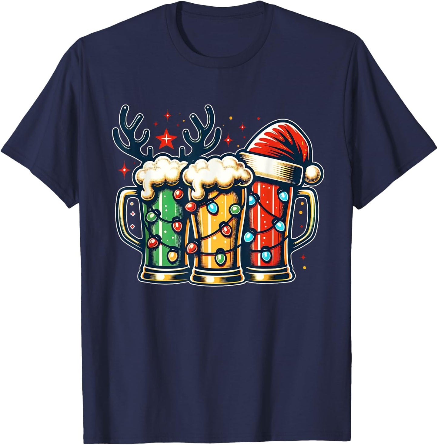 Funny Santa Reindeer Beer Christmas Lights Merry Xmas Beer T-Shirt - T-Shirt | Navy