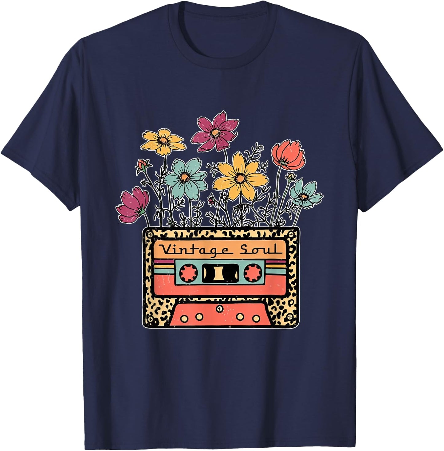 Funny Vintage Soul Leopard Cassette Tape Flowers Wildflower T-Shirt - T-Shirt | Navy