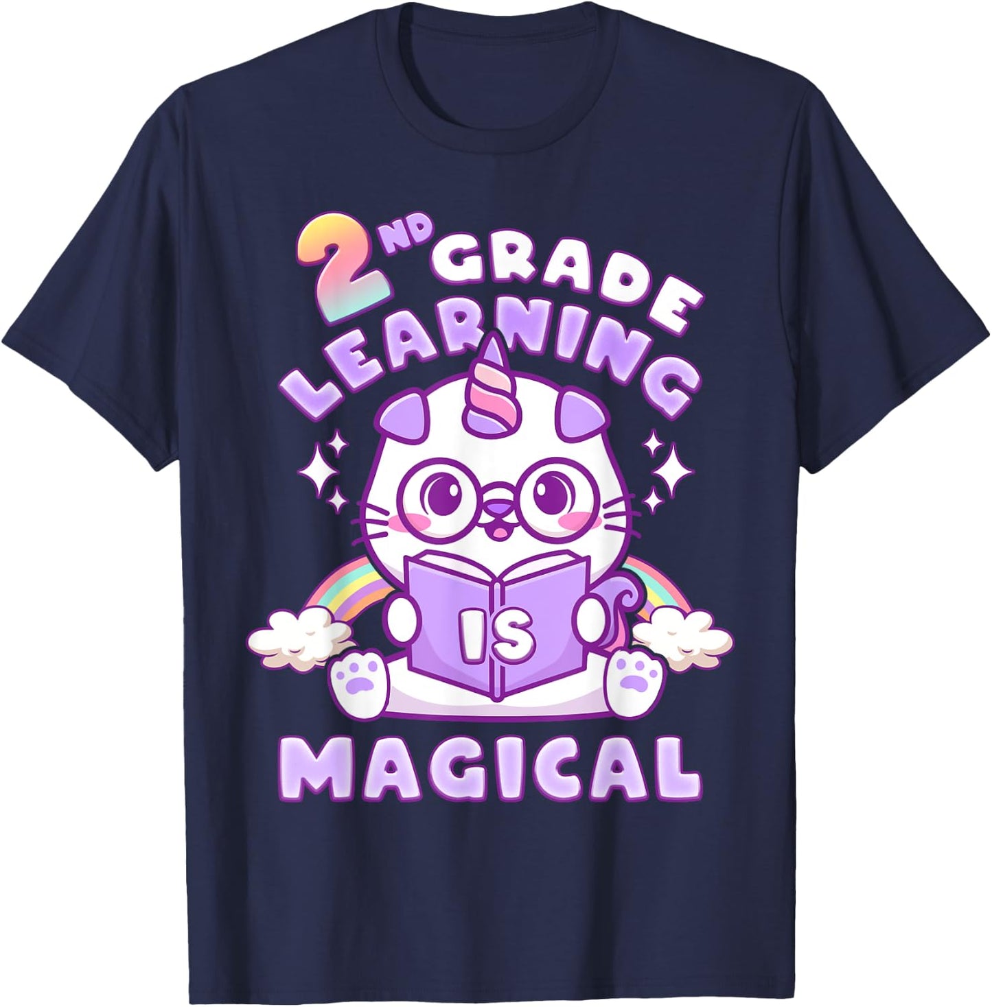 Back To School First Day of 2nd Grade Girl Unicorn Cat T-Shirt - T-Shirt | Navy
