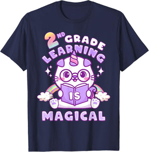 Back To School First Day of 2nd Grade Girl Unicorn Cat T-Shirt - T-Shirt | Navy
