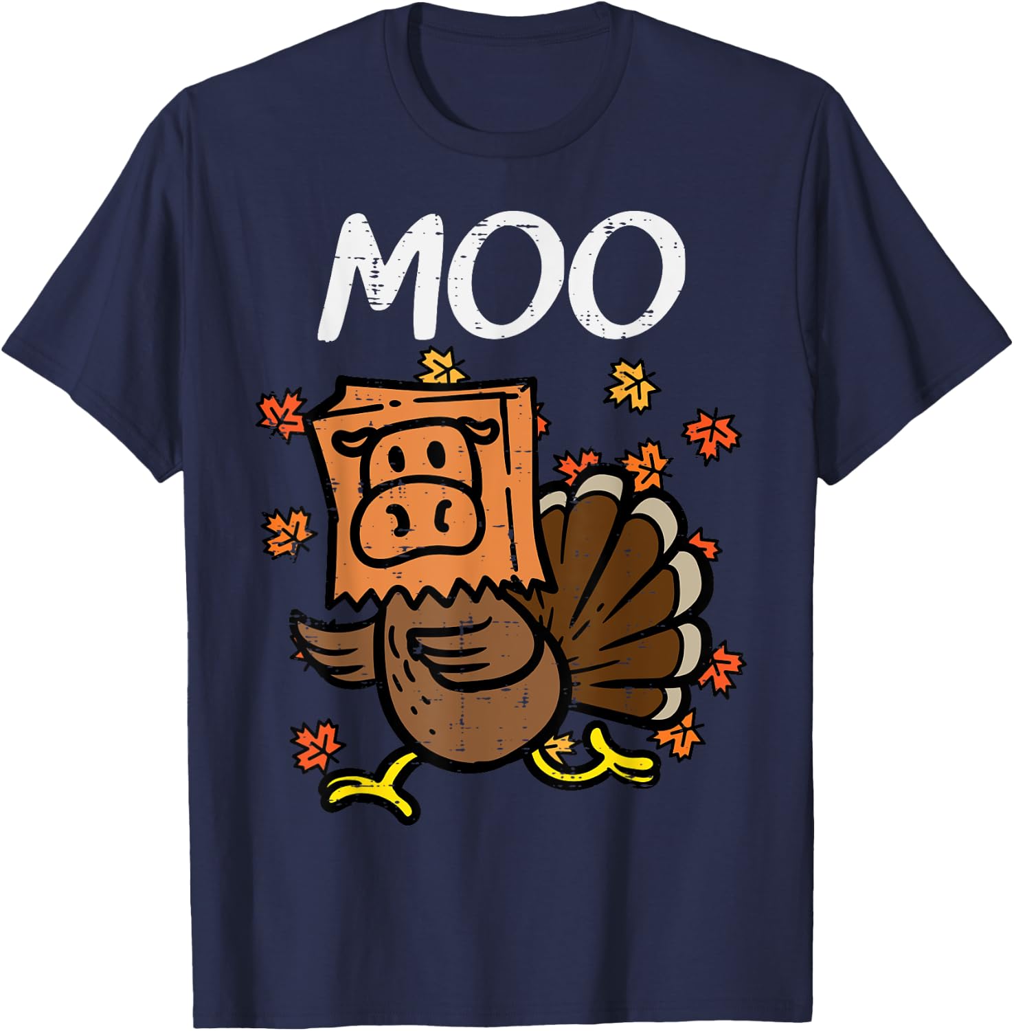 Thanksgiving Turkey Moo Cow Head Funny Fall Men Women Kids T-Shirt - T-Shirt | Navy