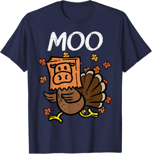 Thanksgiving Turkey Moo Cow Head Funny Fall Men Women Kids T-Shirt - T-Shirt | Navy