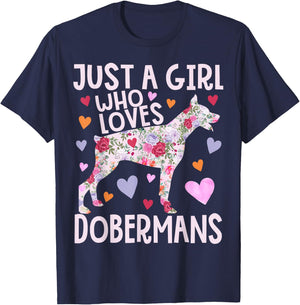Doberman Just A Girl Who Loves Dobermans Dog Flower Floral T-Shirt - T-Shirt | Navy