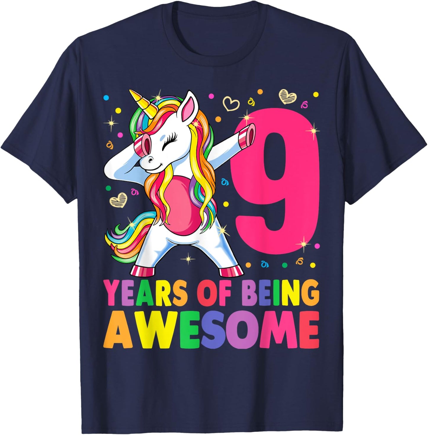 9 Years Old Unicorn Dabbing 9th Birthday Girl Unicorn Party T-Shirt - T-Shirt | Navy