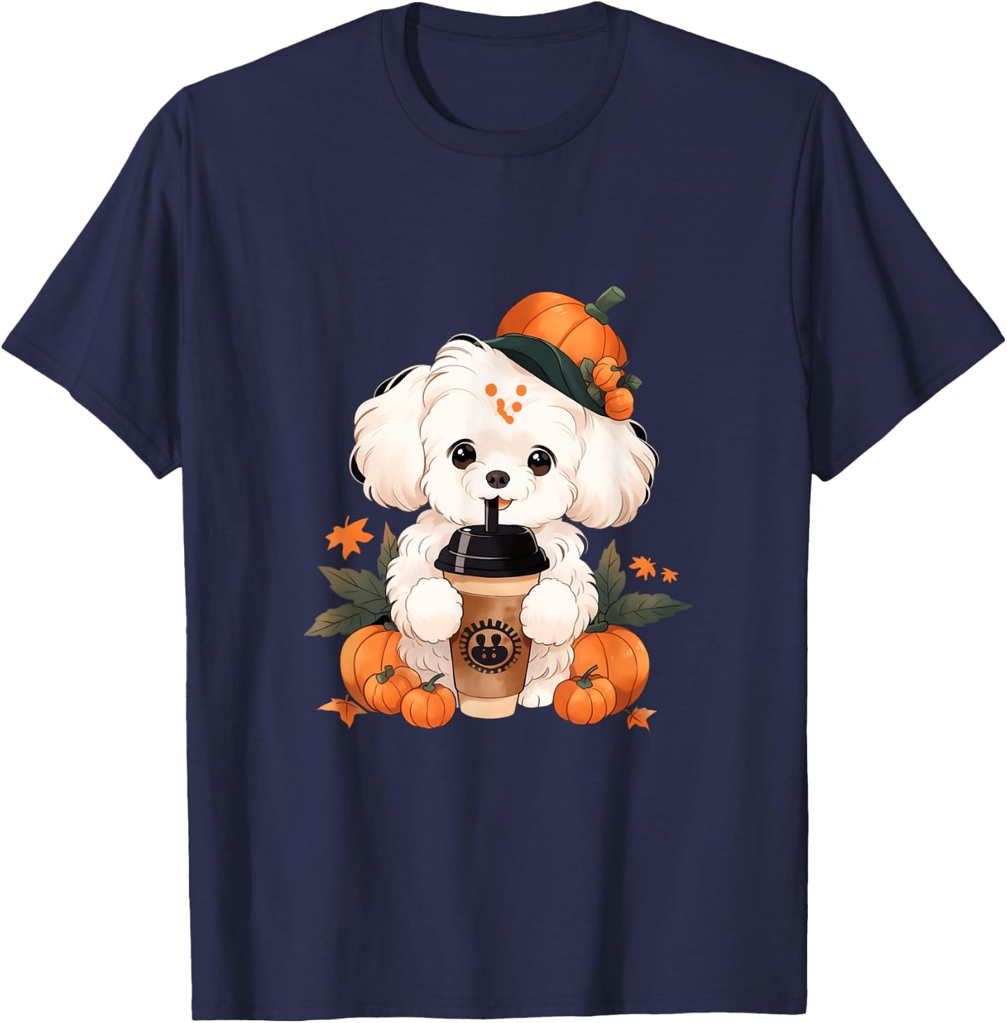 Bichon Frise Pumpkin Spice Latte Autumn Thanksgiving Halloween T-Shirt - T-Shirt | Navy