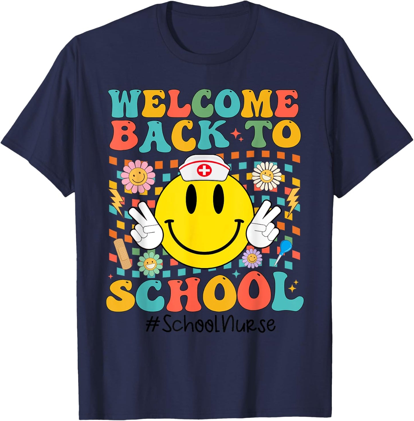 Retro Groovy Welcome Back To School Shool Nurse Smile Face T-Shirt - T-Shirt | Navy