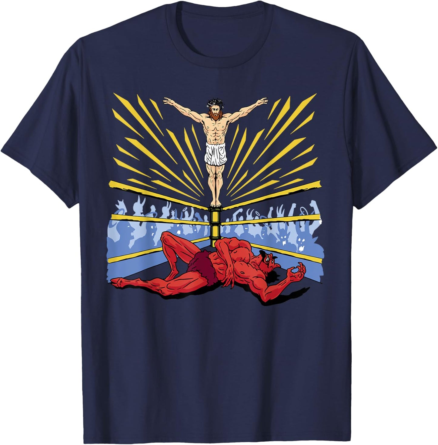 Jesus Wrestling Satan Religious Christian Funny T-Shirt - T-Shirt | Navy