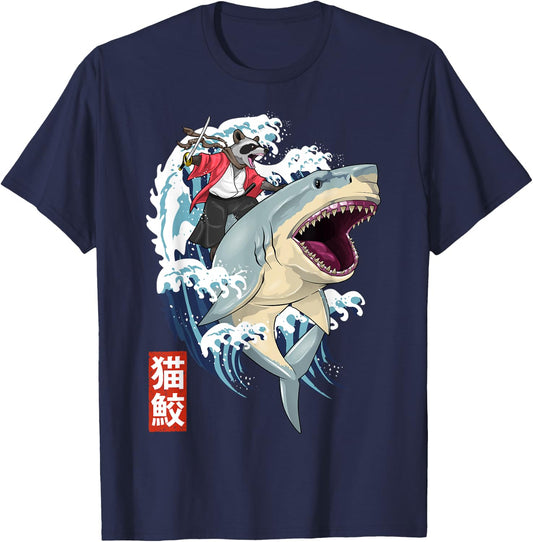 Retro Japanese Samurai Raccoon Shark Trash Vintage Kanagawa T-Shirt - T-Shirt | Navy