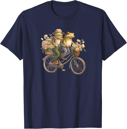 Cute Frog and Toad Riding Bike Cottagecore Aesthetic T-Shirt - T-Shirt | Navy