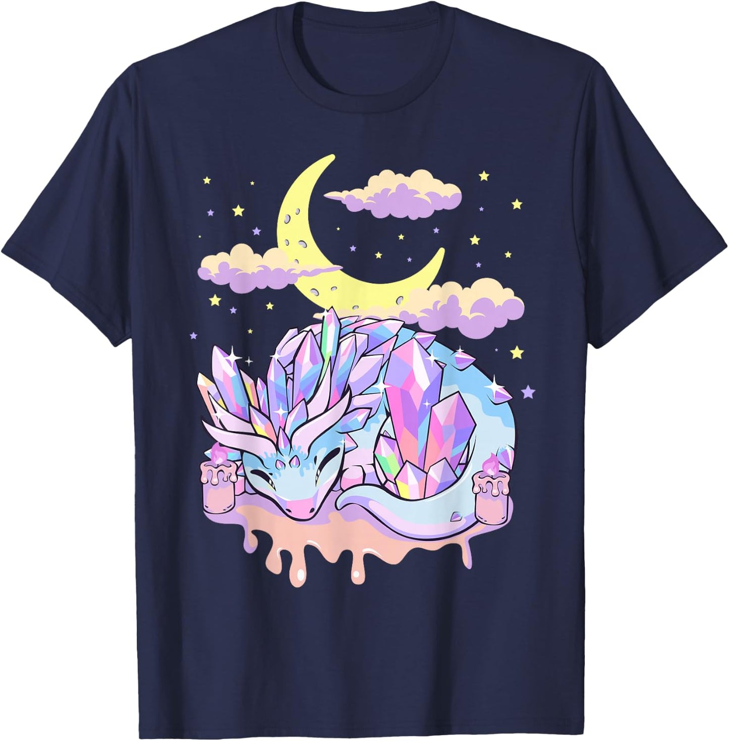 Pastel Goth Kawaii Crystal Dragon Crystals and Crescent Moon T-Shirt - T-Shirt | Navy