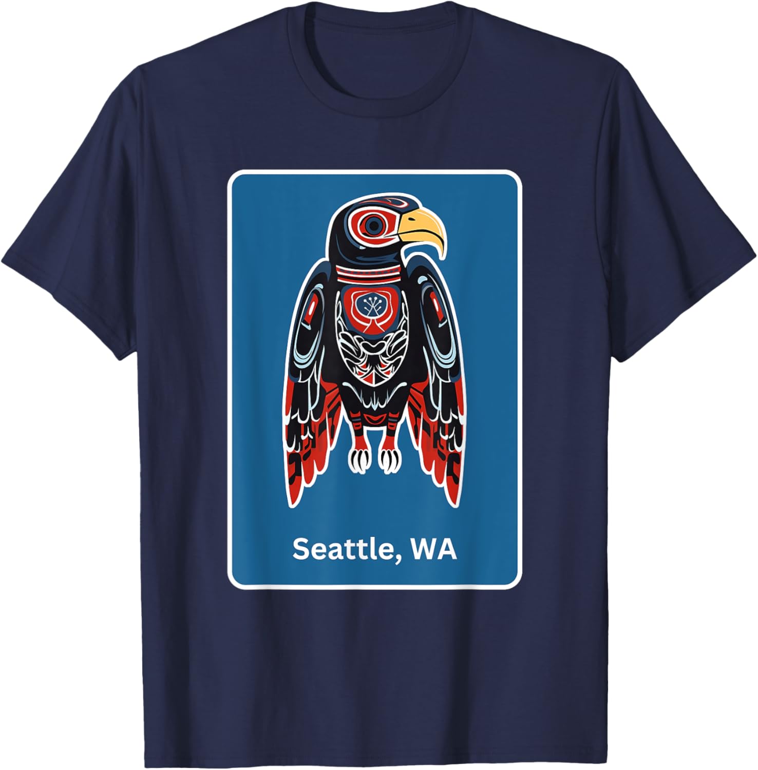 Seattle, WA Hawk Native American Indian Tribal Style Art T-Shirt - T-Shirt | Navy