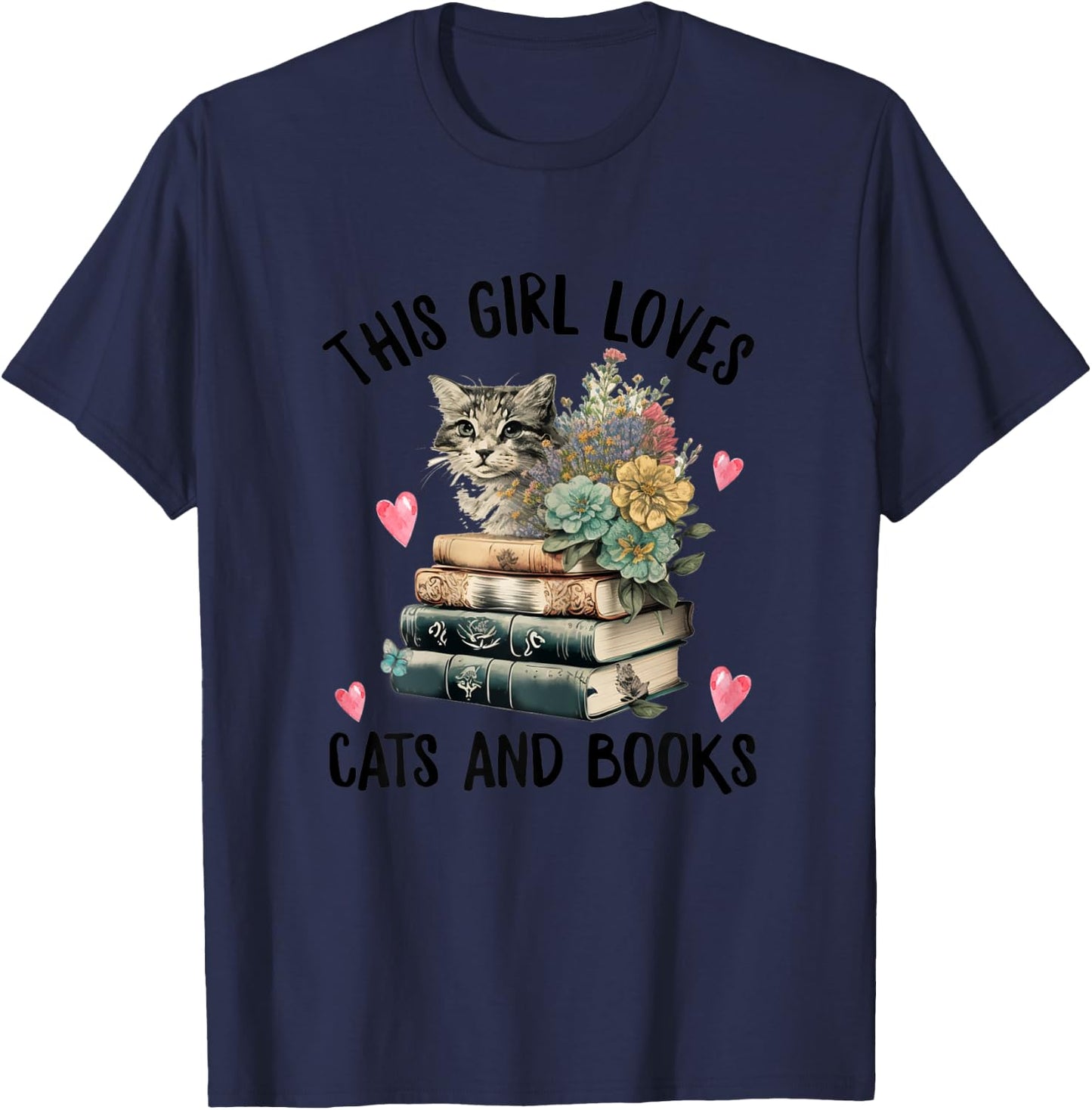 This Girl Loves Cats and Books Funny Cat Watercolor T-Shirt - T-Shirt | Navy