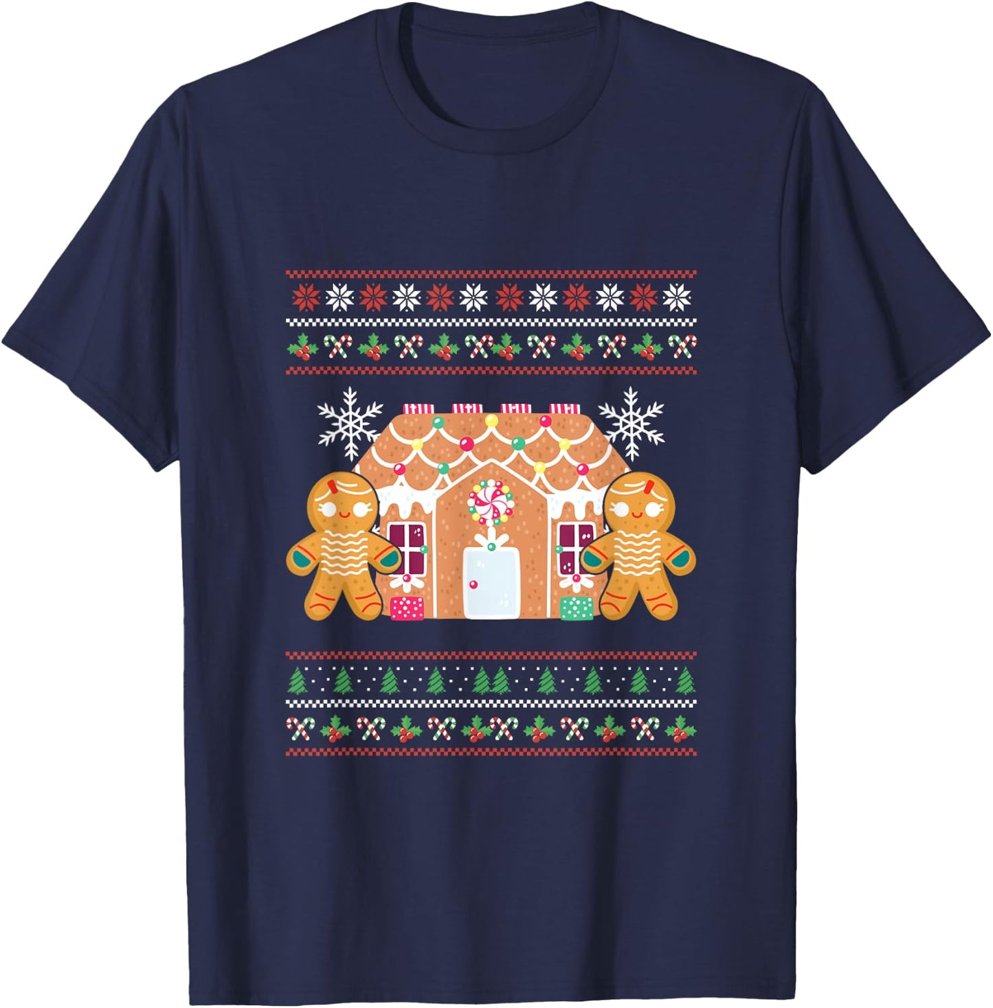 Ugly Christmas Gingerbread House Santa Claus New Year Deer T-Shirt - T-Shirt | Navy