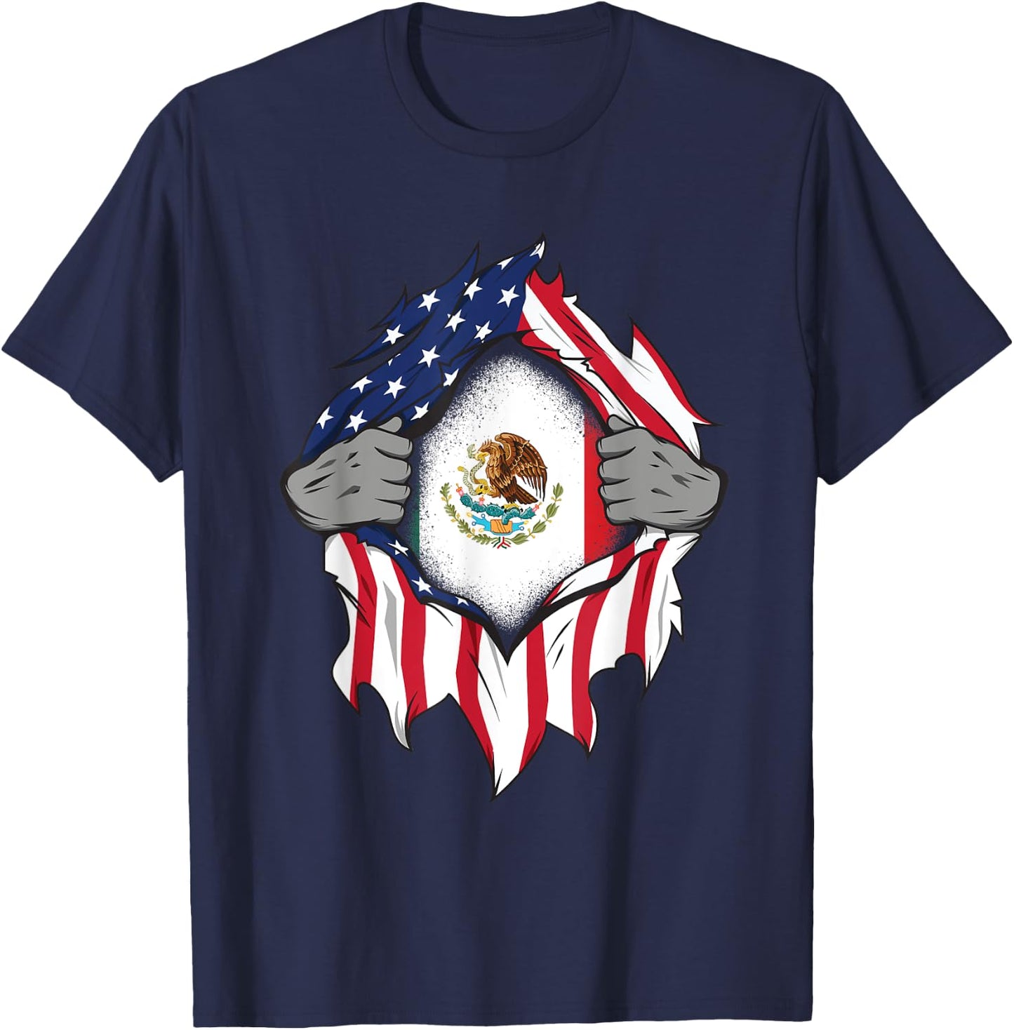 Mexican American Flags Hands Ripping Flag on Chest T-Shirt - T-Shirt | Navy