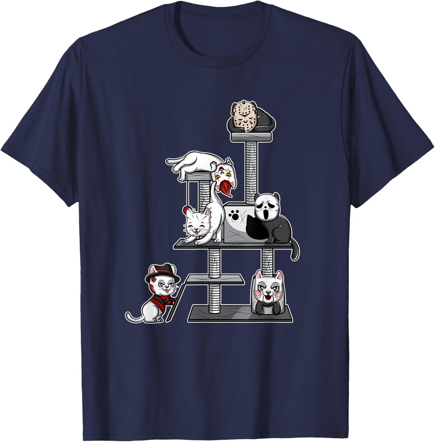 Funny Horror Movie Cats Playing On Cat Tree T-Shirt - T-Shirt | Navy