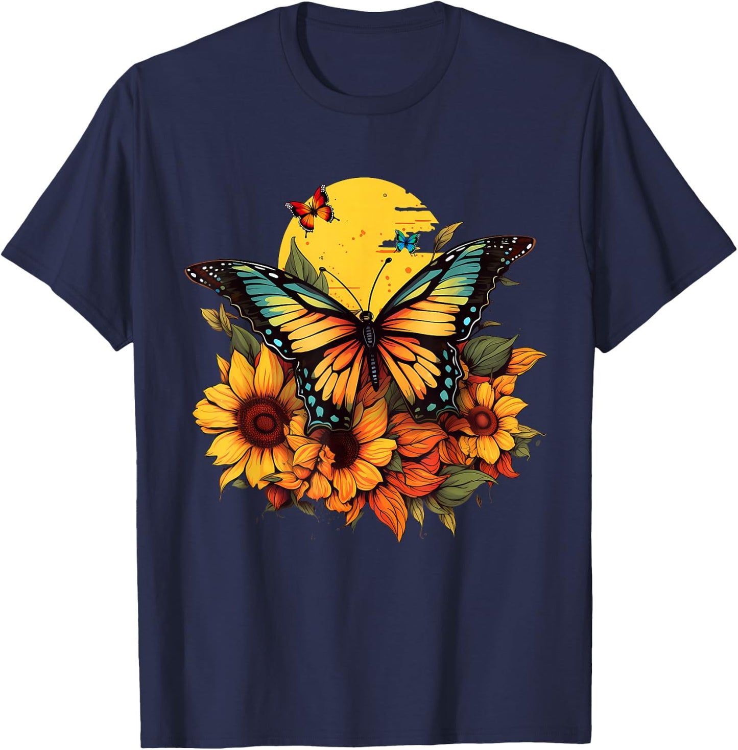 Butterflies Sunflower Design T-Shirt - T-Shirt | Navy