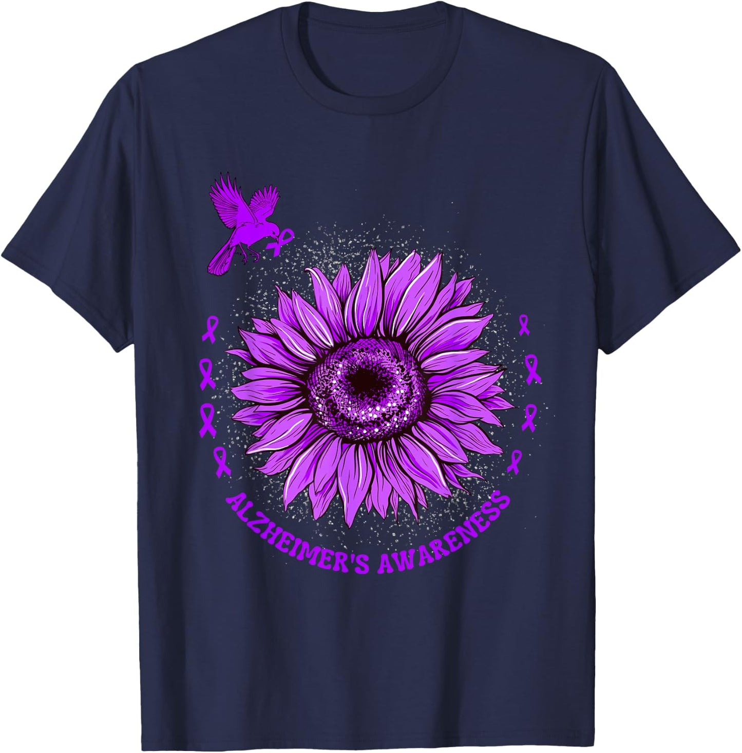 Alzheimer's Awareness Ribbon Purple Sunflower Ribbon Hope T-Shirt - T-Shirt | Navy