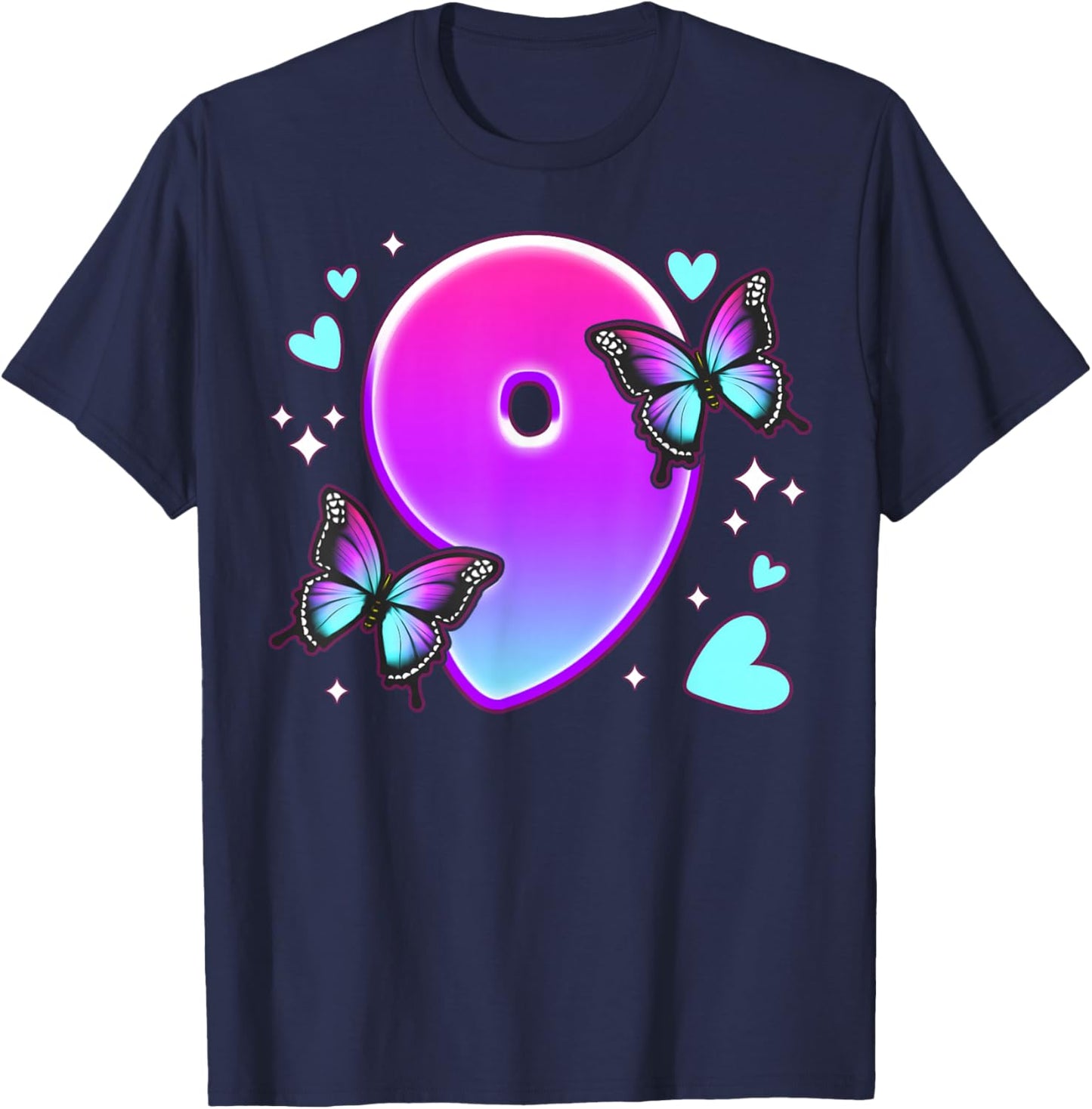 Birthday Girl 9 Years, Butterflies and Number 9 T-Shirt - T-Shirt | Navy