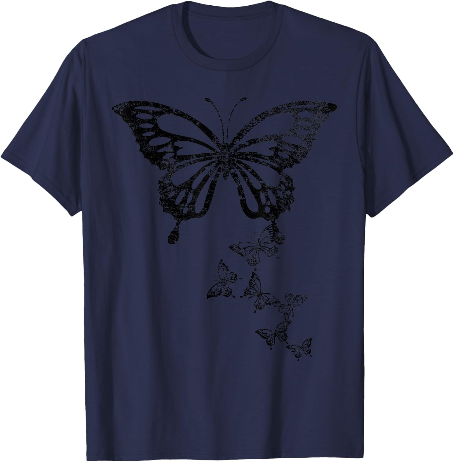 Butterfly Graphic Black Print Distressed T-Shirt - T-Shirt | Navy