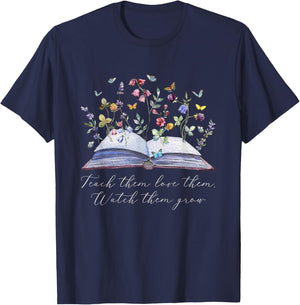 Floral Book Teacher Teach Them Love Them Watch Them Grow T-Shirt - T-Shirt | Navy