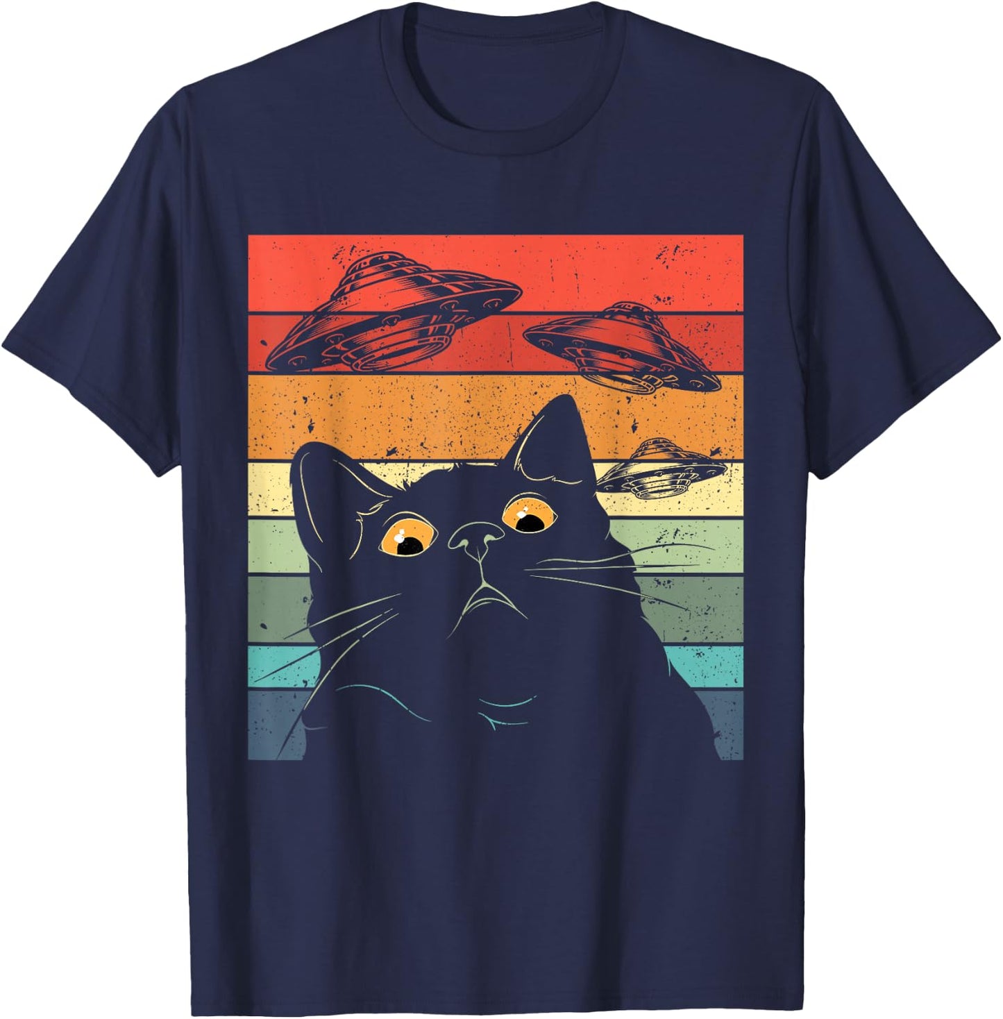 Funny Cat , Galaxy Cat Shirt Spaceship Alien Cat UFO T-Shirt - T-Shirt | Navy