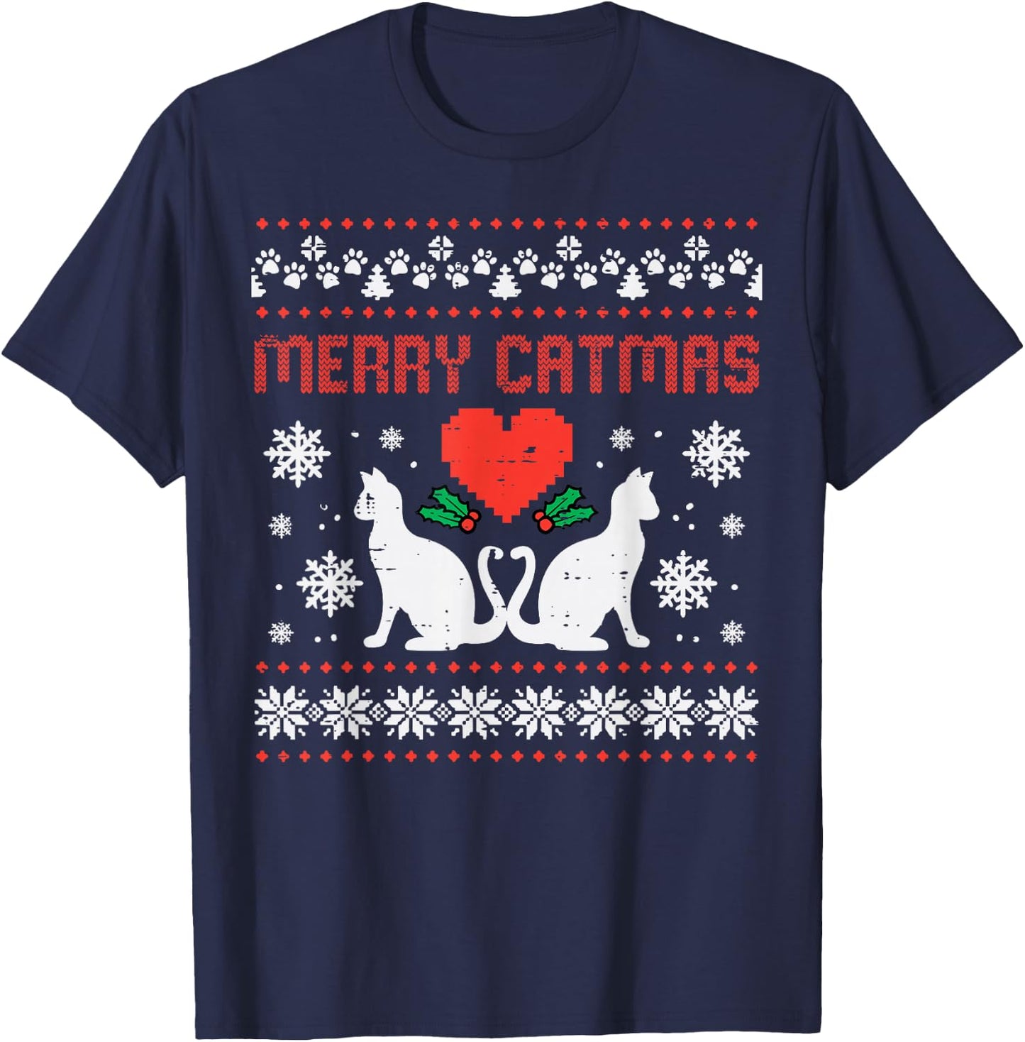 Merry Catmas Cat Ugly Christmas Vintage Xmas Women Men Kids T-Shirt - T-Shirt | Navy