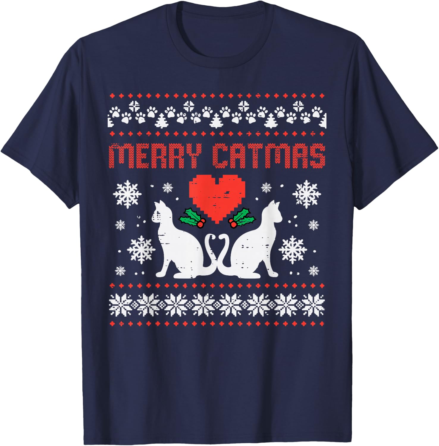 Merry Catmas Cat Ugly Christmas Vintage Xmas Women Men Kids T-Shirt - T-Shirt | Navy