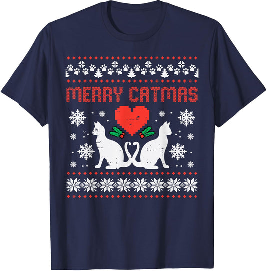 Merry Catmas Cat Ugly Christmas Vintage Xmas Women Men Kids T-Shirt - T-Shirt | Navy