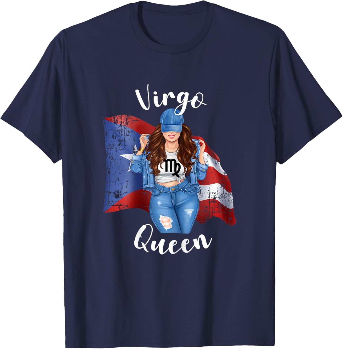 Puerto Rican Virgo Queen of Puerto Rico Zodiac Brunette T-Shirt - T-Shirt | Navy