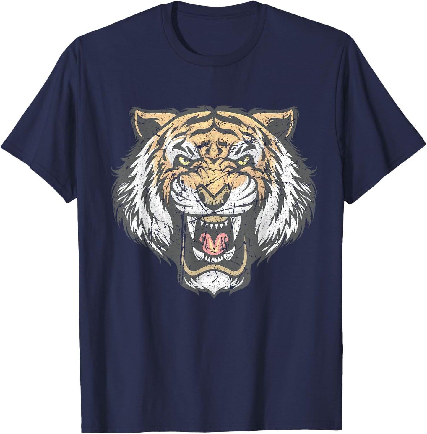 Tiger Head Face Distressed Wildlife Lover T-Shirt - T-Shirt | Navy