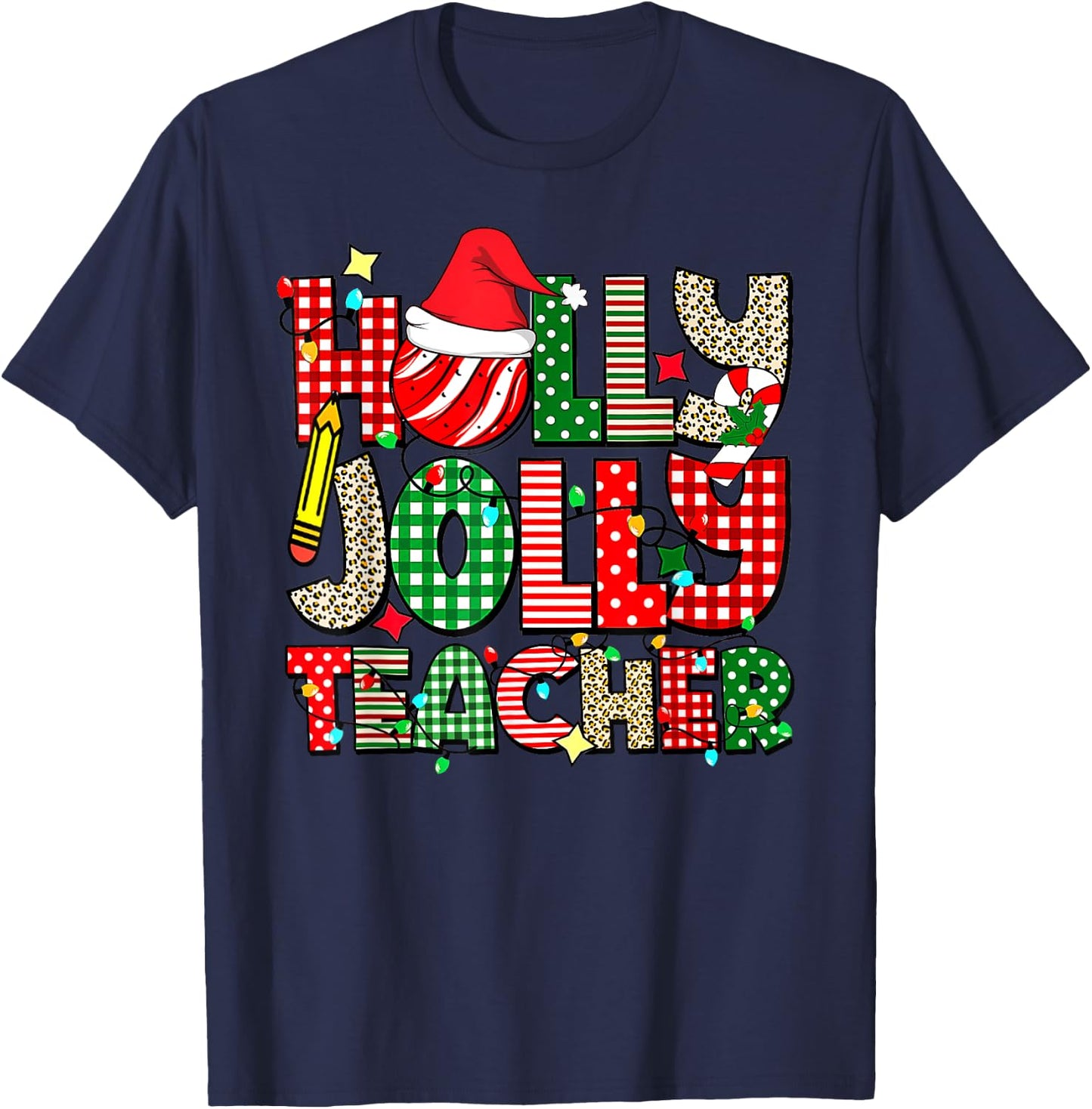 Holly n Jolly Teacher Santa Christmas Smile Face Hippie Men Women Kids T-Shirt - T-Shirt | Navy