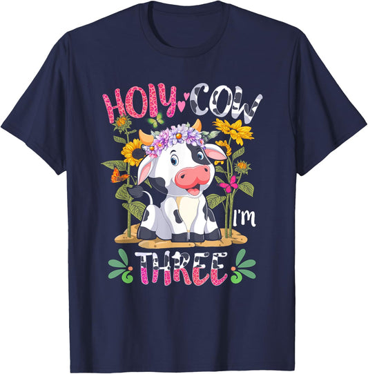 Girl Holy Cow I'm Three 3 Years Old 3rd Birthday Farming T-Shirt - T-Shirt | Navy