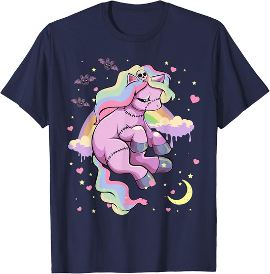 Pastel Goth Kawaii Sad Depressed Unicorn with Rainbow T-Shirt - T-Shirt | Navy