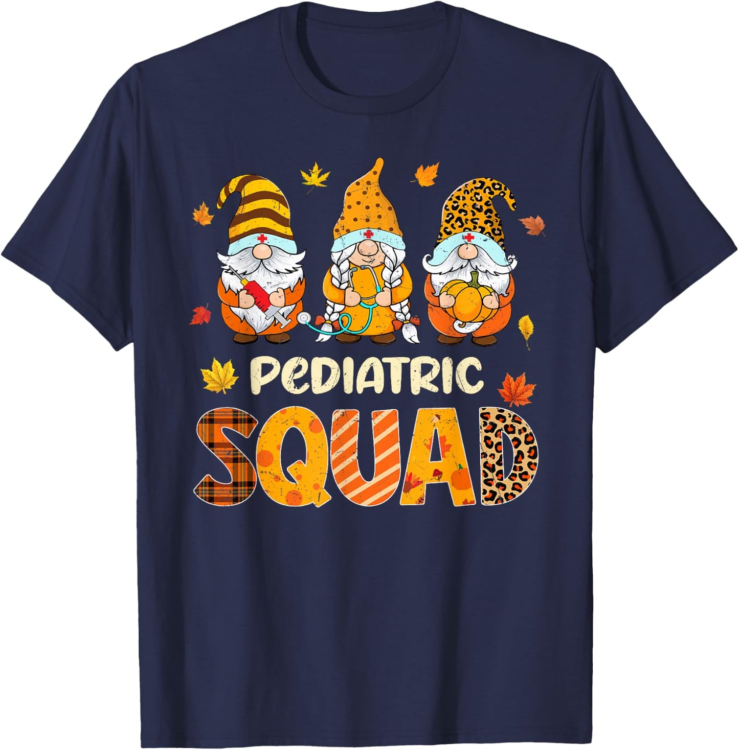 Pediatric Squad Cute Gnome Nurse Leopard Thanksgiving Fall T-Shirt - T-Shirt | Navy