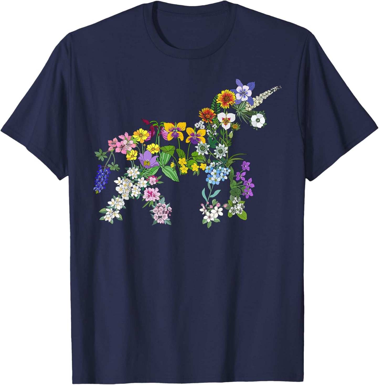 Floral Unicorn Wildflowers Flower Unicorn Shape T-Shirt - T-Shirt | Navy