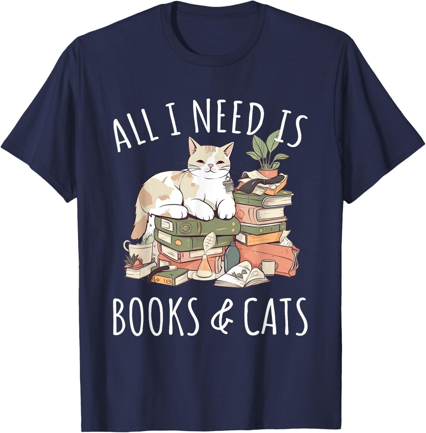 All I need is Books & Cats Women Reading Cat Lover T-Shirt - T-Shirt | Navy