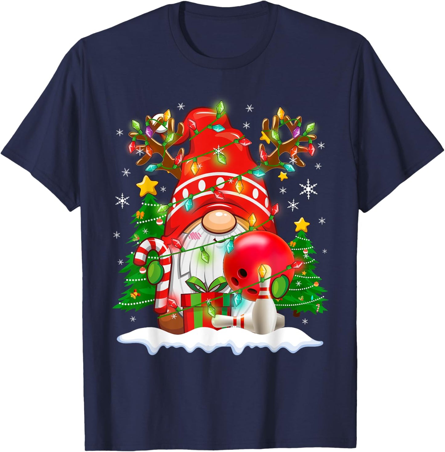 Funny Reindeer Gnome & Bowling Ball Christmas Lights Xmas T-Shirt - T-Shirt | Navy
