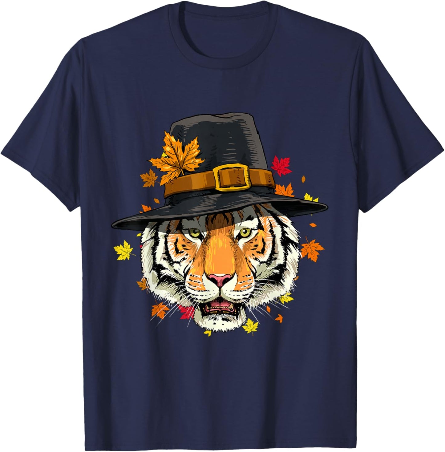 Thanksgiving Tiger Cat Pilgrim Turkey Day Autumn Tiger Lover Men Women Girls Kids T-Shirt - T-Shirt | Navy
