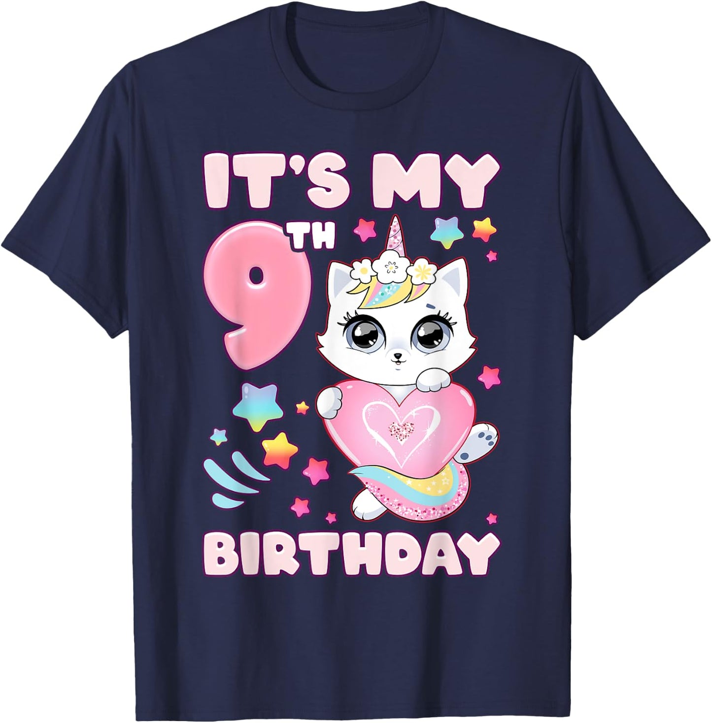 Birthday girl 9 years old, cat, unicorn, 9th birthday T-Shirt - T-Shirt | Navy