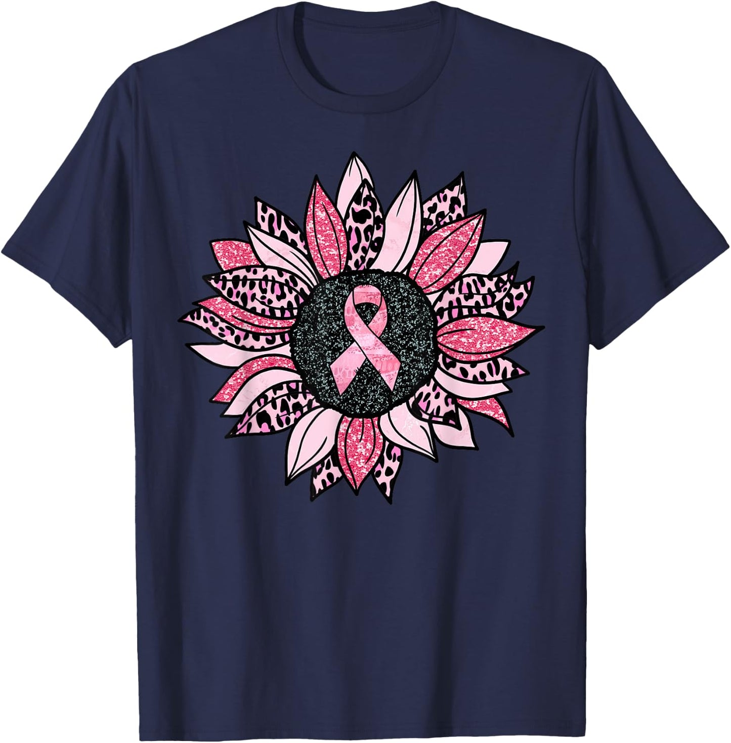 Sunflower Pink Breast Cancer Awareness Women Warrior T-Shirt - T-Shirt | Navy