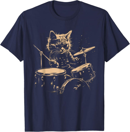 Pop Rock Drummer Cat Kitten Music Playing Drums Music Bands T-Shirt - T-Shirt | Navy