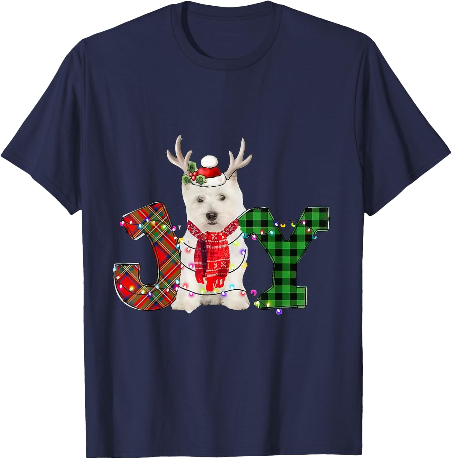 Joy Christmas Lights West Highland White Terrier Dog Santa Women Kids T-Shirt - T-Shirt | Navy